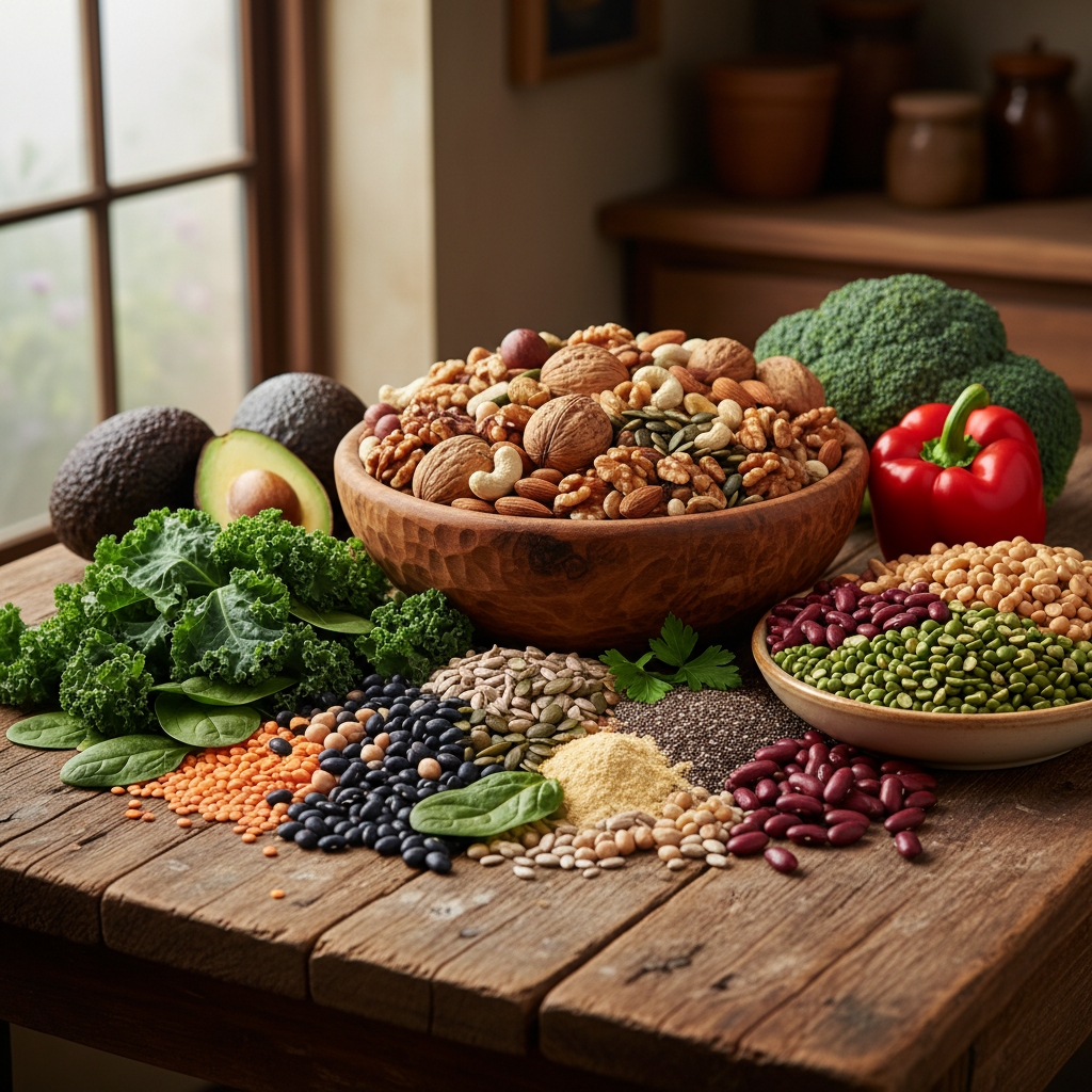An assortment of mineral-rich foods including nuts, seeds, leafy greens and legumes arranged on a wooden surface